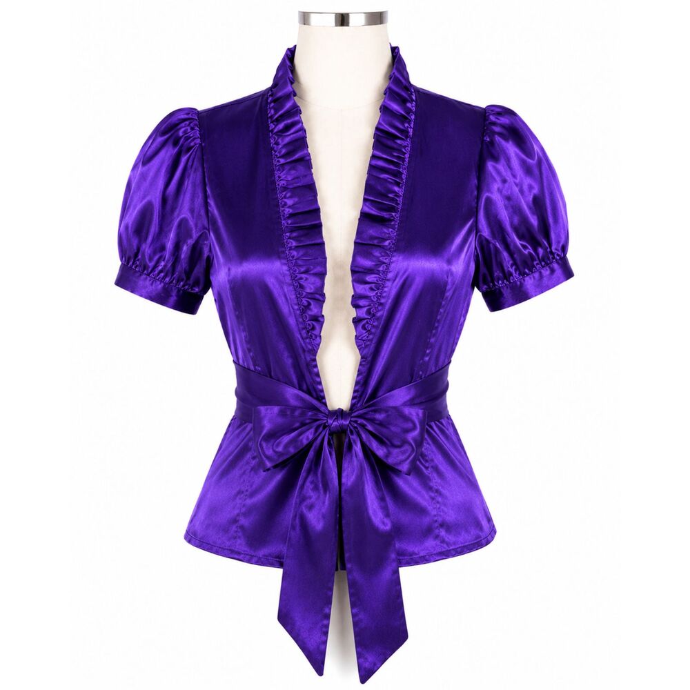 Y2K Sharon Purple Satin Puff Sleeve Tie Front Blouse